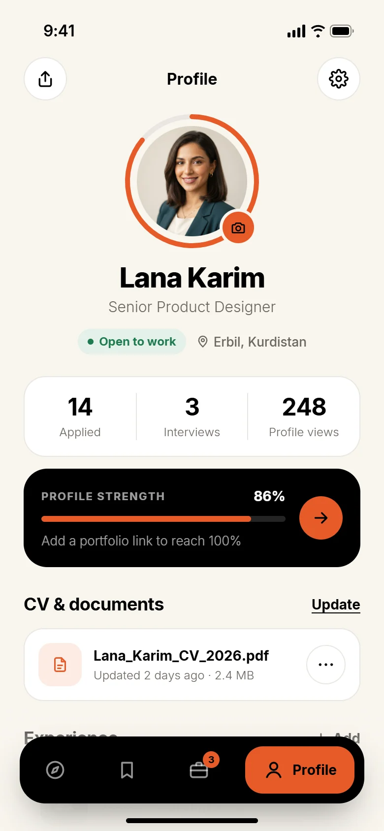 CVase profile screen with profile strength, experience and CV documents