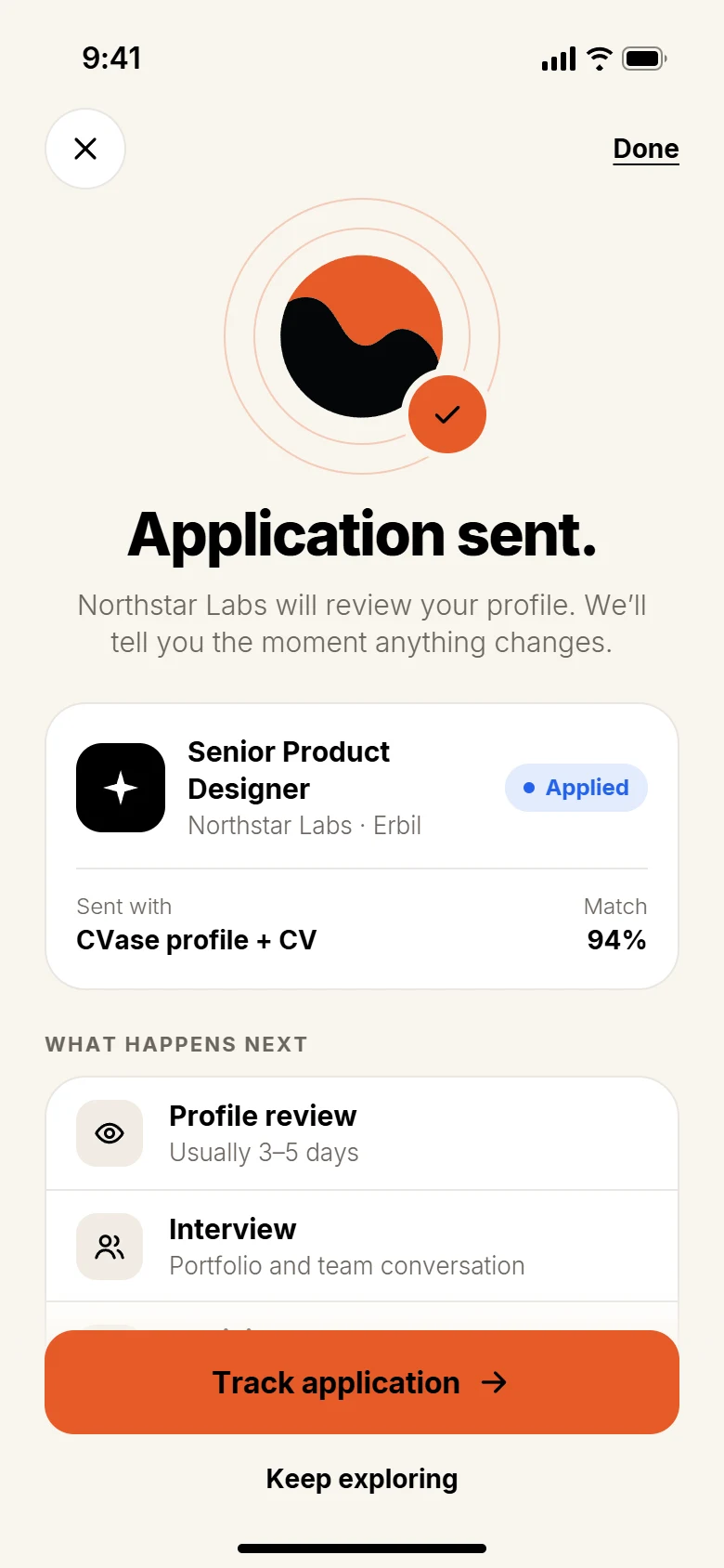 CVase confirmation screen reading Application sent